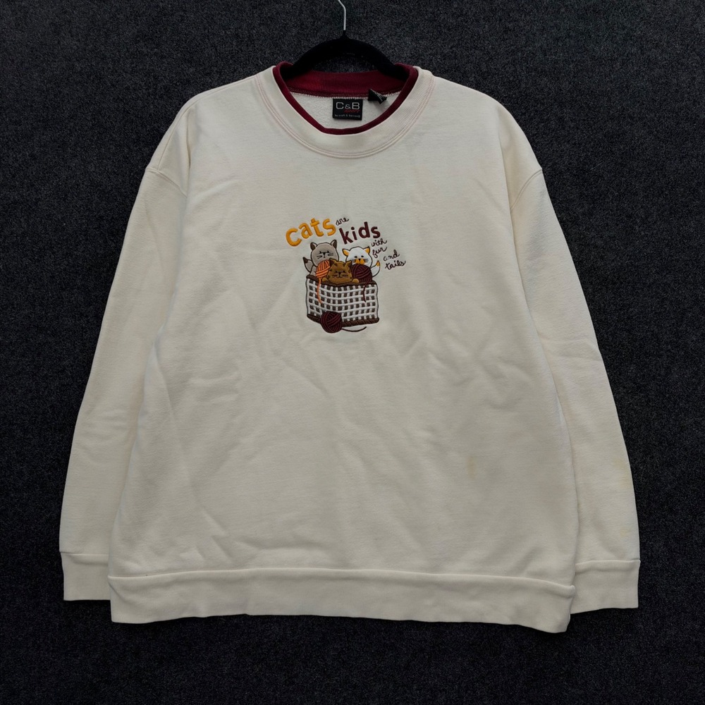 Vintage 90s C&B Sport Cats Are Kids With Fur And Tails Sweatshirt Cream XL